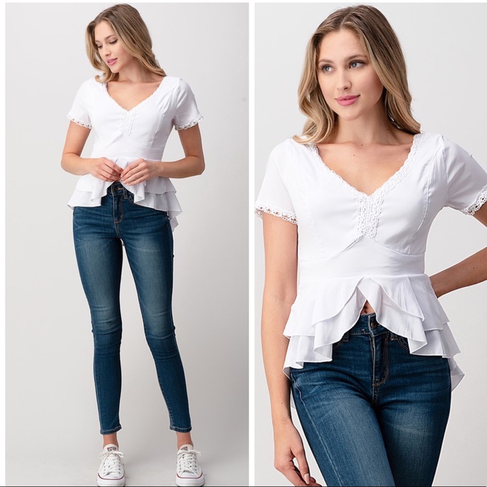 Peplum White Short Sleeve Blouse - Picture 4 of 5